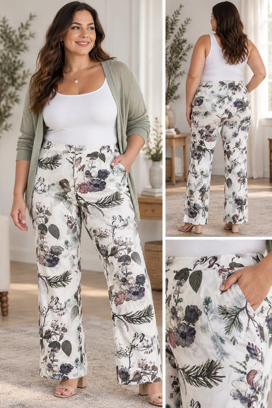 ASOS 2XL W42 Bird Floral Botanical Print Trousers Pants Cream Stretch